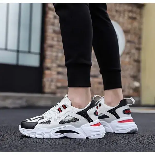 Mens Colorblock Mesh Sneakers | Breathable Lightweight Platform Casual Shoes in White Blue, White Red, Black