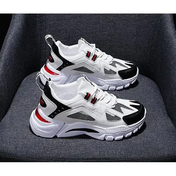 Mens Colorblock Mesh Sneakers | Breathable Lightweight Platform Casual Shoes in White Blue, White Red, Black
