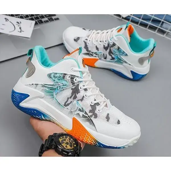 Mens Colorblock Mesh Sneakers | Hand-Painted Breathable Low-Top Shoes in White Red, White Orange