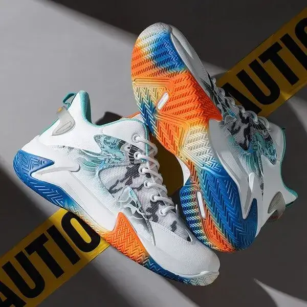 Mens Colorblock Mesh Sneakers | Hand-Painted Breathable Low-Top Shoes in White Red, White Orange
