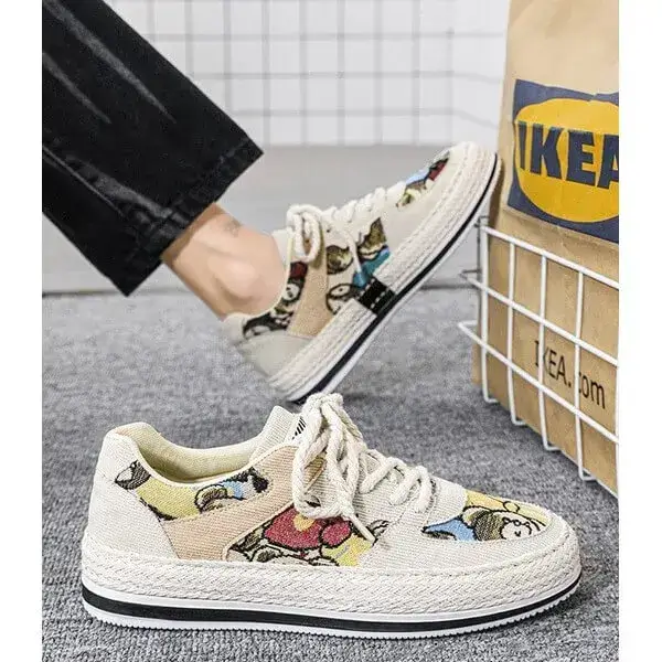 Mens Color-Matching Canvas Sneakers | UV-Resistant Low-Top Casual Shoes in Beige, Black, Green