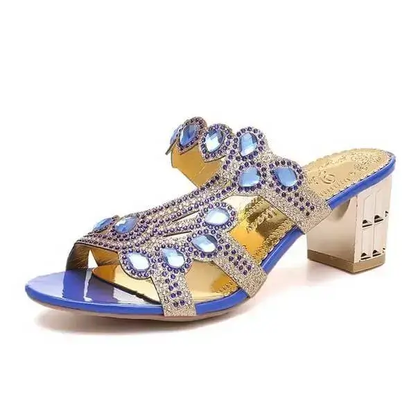 Womens Rhinestone Slippers | Elegant PU Chunky Heel Round Toe Shoes in Beige, Black, Green, Royal Blue