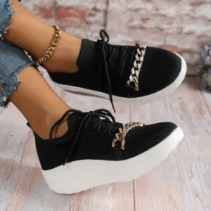 Whataoffers Women'S Plus Size Fly Woven Breathable Upper Chain Wedge Lace-Up Sneakers