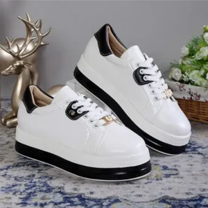 Whataoffers Women Fashion Round Toe Platform Colorblock Lace-Up Low Top Sneakers