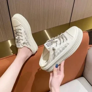 Whataoffers Women Fashion Round Toe Breathable Lace Mesh Sneakers