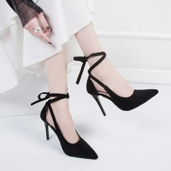 Whataoffers Women Fashion Solid Color Plus Size Strap Pointed Toe Suede High Heel Sandals Pumps