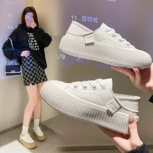 Whataoffers Women Fashion Soft Leather Platform Breathable Canvas Sneakers