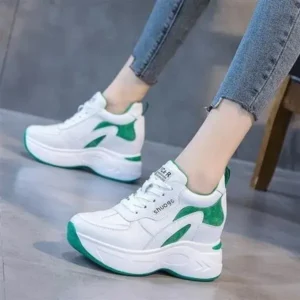 Whataoffers Women Fashion Round Toe Platform Medium Heel Lace-Up Colorblock Sneakers