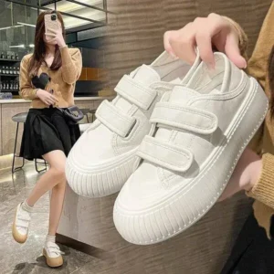 Whataoffers Women Fashion Round Toe Thick Sole Velcro Pu Sneakers