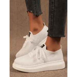 Whataoffers Women Fashion Round Toe Fly Knit Sneakers Plus Size