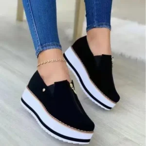 Whataoffers Women Fashion Retro Platform Mid Top Solid Color Sneakers