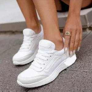 Whataoffers Women Casual Breathable Mesh Upper Flat Solid Color Sneakers