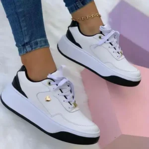 Whataoffers Women'S Fashion Flat Round Toe Plus Size Solid Color Front Lace-Up Sneakers