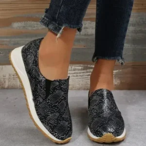 Whataoffers Women'S Fashion Snake Print PU Leather Flat Sneakers