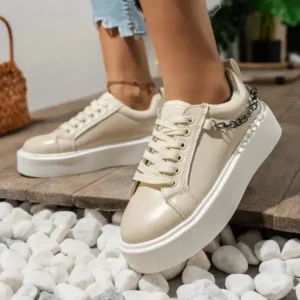 Whataoffers Women'S Fashion Round Toe Chain Lace Up Low Top Solid PU Thick-Soled Sneakers