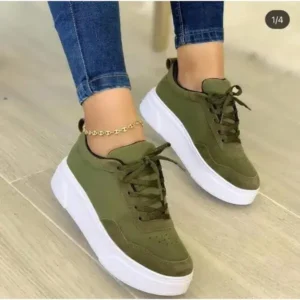 Whataoffers Women'S Fashion Casual Round Toe Thick-Soled Lace Up Canvas Sneakers