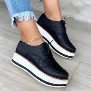 Whataoffers Women'S Fashion Vintage Lace-Up Solid Color Flat Slip-On PU Sneakers Shoes