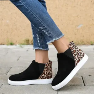 Whataoffers Women Fashion Round Toe Leopard Flat Elastic Slip-On Sneakers