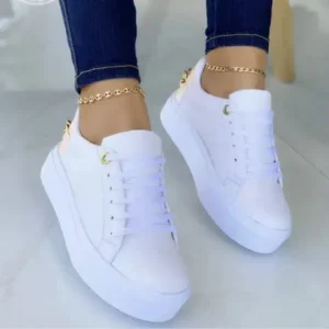 Whataoffers Women Fashion Round Toe Platform Lace Up Solid Color Sneakers