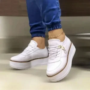 Whataoffers Women Fashion Round Toe Solid Color Pu Hidden Wedge Lace-Up Low Top Sneakers Shoes