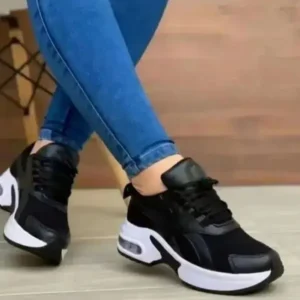 Whataoffers Women Fashion Round Toe Solid Color Mesh Thick-Soled Low Top Sneakers