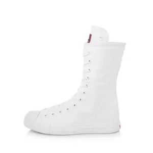 Whataoffers Women Casual Side Zip Mid-Top Canvas Mid-Calf Boots