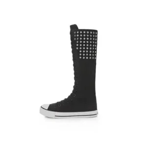 Whataoffers Women Fashion Rivet Decor Side Zipper Canvas High Boots