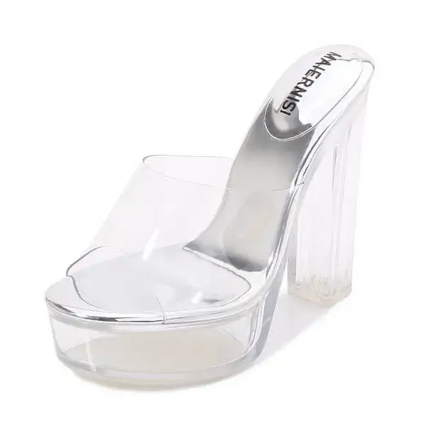 Whataoffers Women Fashion Plus Size Transparent Crystal Chunky Heel Platform High