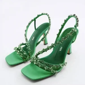 Whataoffers Women Fashion Plus Size Sexy Rhinestone Strap Square Toe Heeled Sandals