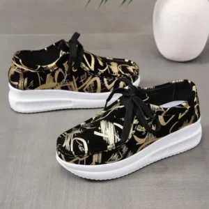 Whataoffers Casual Graffiti Round Toe Platform Plus Size Sneakers