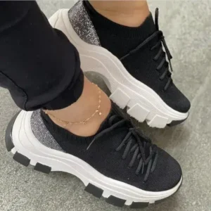 Whataoffers Wedge Heel Flying Woven Colorblock Lace-Up Sneakers Large Size Casual Low Top Women Shoes