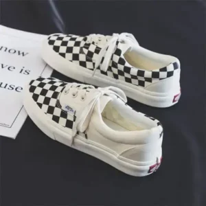 Whataoffers Women Fashion Grid Printed Lace-Up Canvas Shoes