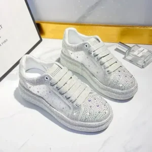 Whataoffers Women Fashion Sparkling Rhinestones Decorative Lace-Up Design Platform Sneakers