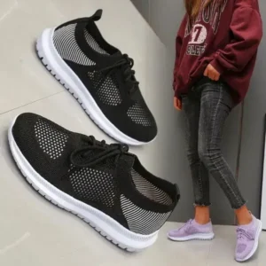 Whataoffers Women Casual Sports Lace-Up Design Mesh Breathable Solid Color Sneakers