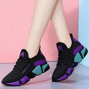 Whataoffers Women Fashion Casual Lace-Up Design Mesh Breathable Color Blocking Platform Running Sneakers