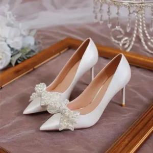 Whataoffers Women Fashion Sexy Pointed Satin Pearl Pointed Toe Shoes