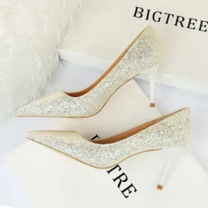 Whataoffers Women Fashion Plus Size Sexy Sequin Point-Toe Shoes