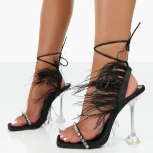 Whataoffers Women Fashion Sexy Rhinestone Feather Decorative Solid Color High Heel Sandals Shoes