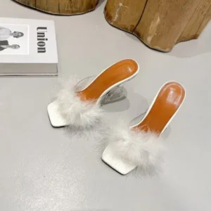 Whataoffers Women Fashion Sexy Feather Decoration Solid Color Chunky High Heel Slippers Shoes