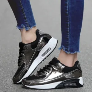 Whataoffers Women Casual Sports Lace Up Design Shiny Air Cushion Platform Sneakers