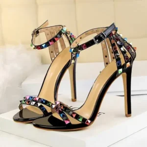 Whataoffers Fashion Women Sexy 11cm High Heels Rivets Studded Sandals Ankle Buckle Strap Stiletto Shoes