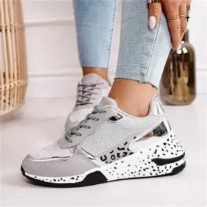 Whataoffers Women Fashion Casual Leopard Print Color Matching Lace-Up Platform Sneakers