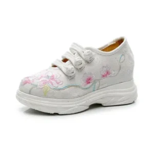 Whataoffers Women Casual Flower Embroidered Round Toe Platform Canvas Sneakers