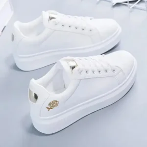 Whataoffers Women Casual Fashion Rose Embroidery Thick-Soled Comfortable PU Leather White Sneakers