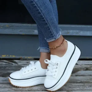 Whataoffers Women Simple Casual Knit Upper Thick-Soled Lace-Up Sneakers