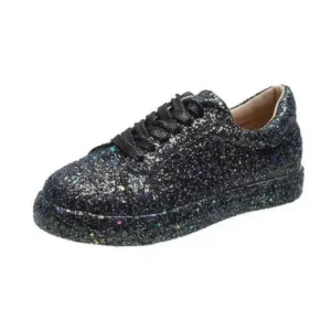 Whataoffers Women Creative Casual Sequined Solid Color Lace-Up Low-Top Flat Sneakers