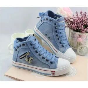 Whataoffers Women Casual Spring Zipper Decor Lace-Up High Top Denim Canvas Sneakers