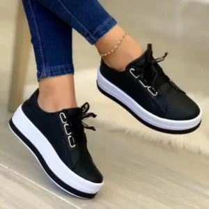 Whataoffers Women Casual Round Toe Lace-Up Block Color Platform Shoes PU Sneakers