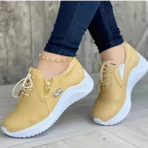 Whataoffers Women Casual Round Toe Low Cut Lace-Up PU Side Zipper Design Solid Color Sneakers