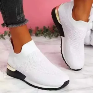 Whataoffers Women Casual Round Toe Solid Color Breathable Mesh Upper Wedges Slip On Sneakers